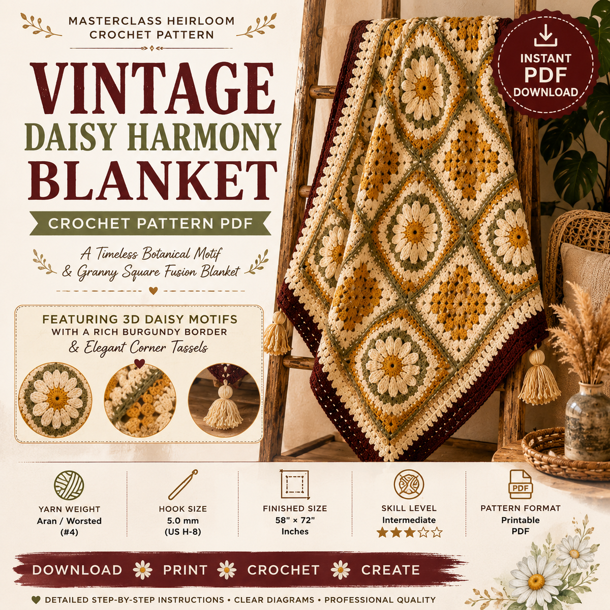 Vintage Daisy Harmony Crochet Blanket Pattern PDF | Floral Granny Square Afghan