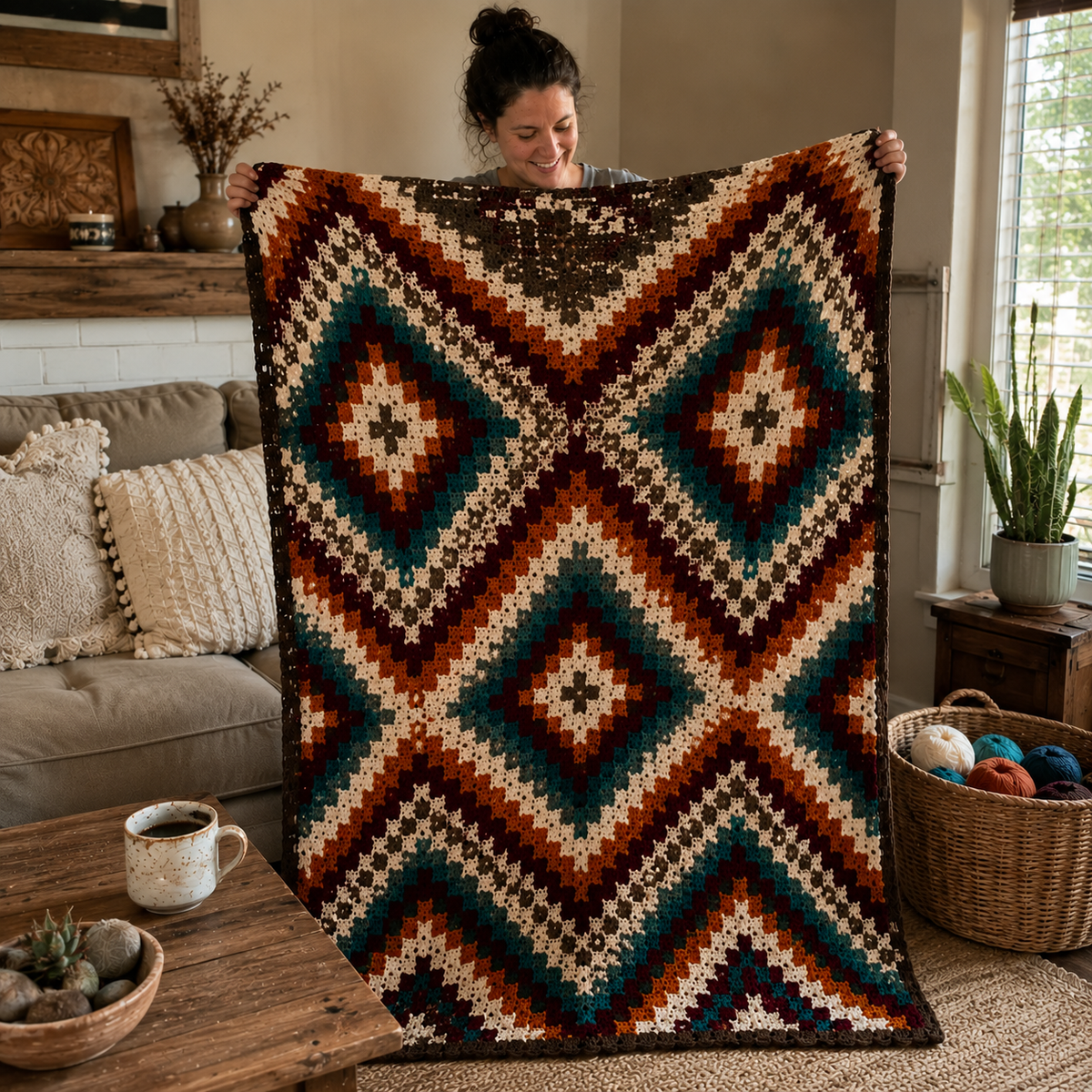 Southwestern Diamond Crochet Blanket Pattern PDF | Boho Aztec Blanket Pattern | Western Crochet PDF | Instant Digital Download
