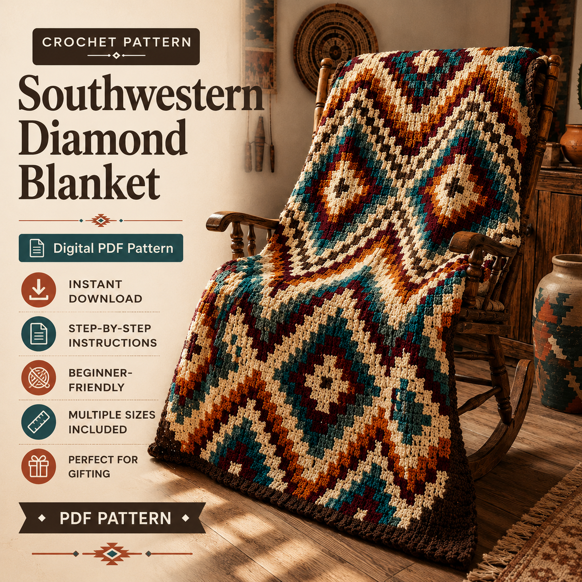 Southwestern Diamond Crochet Blanket Pattern PDF | Boho Aztec Blanket Pattern | Western Crochet PDF | Instant Digital Download