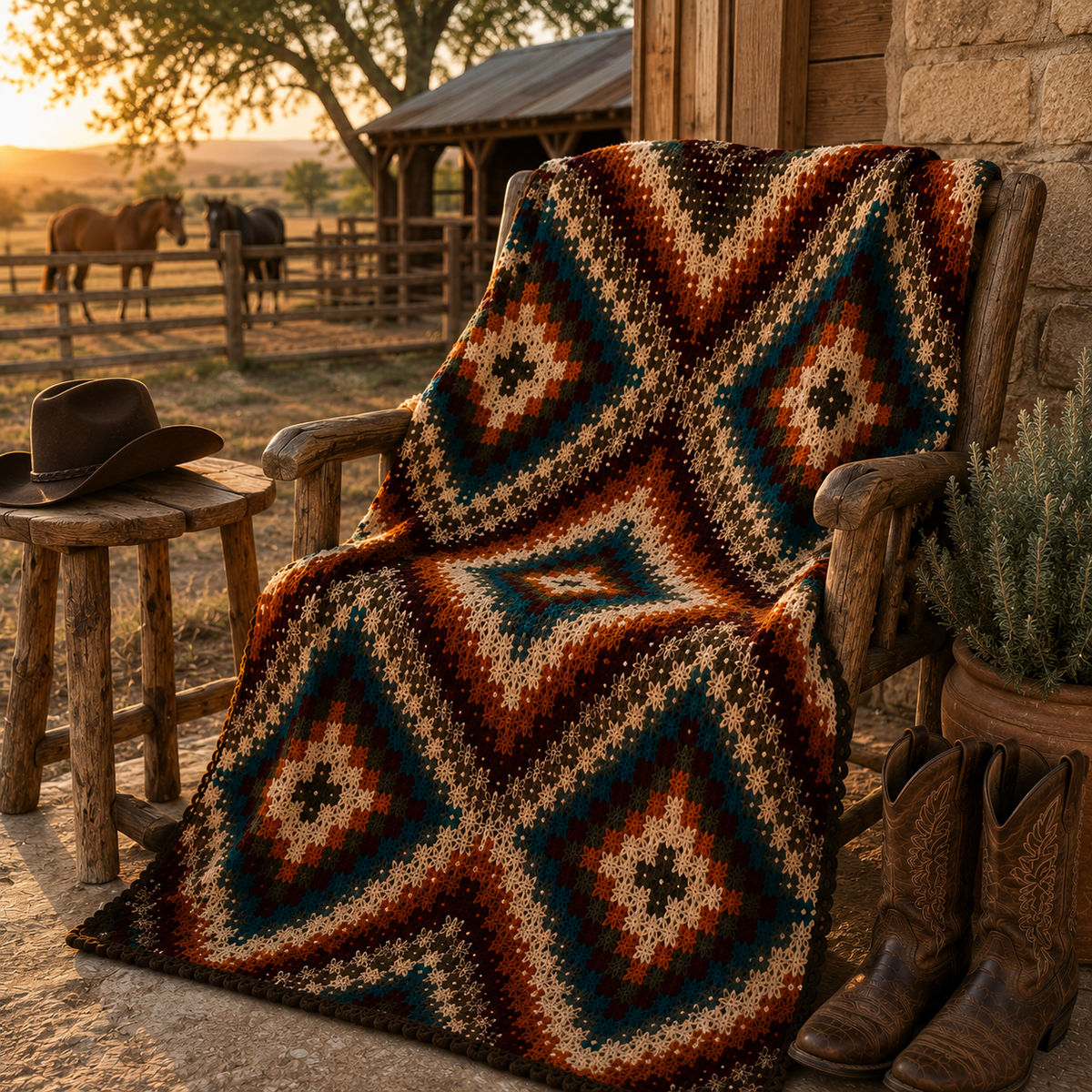 Vintage Western Crochet Blanket Pattern PDF, Southwestern Throw