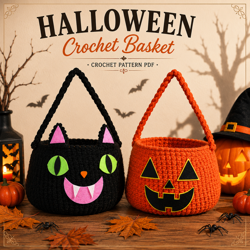 Halloween Crochet Basket Pattern PDF – Pumpkin & Black Cat Treat Baskets, Spooky Halloween Crochet Pattern