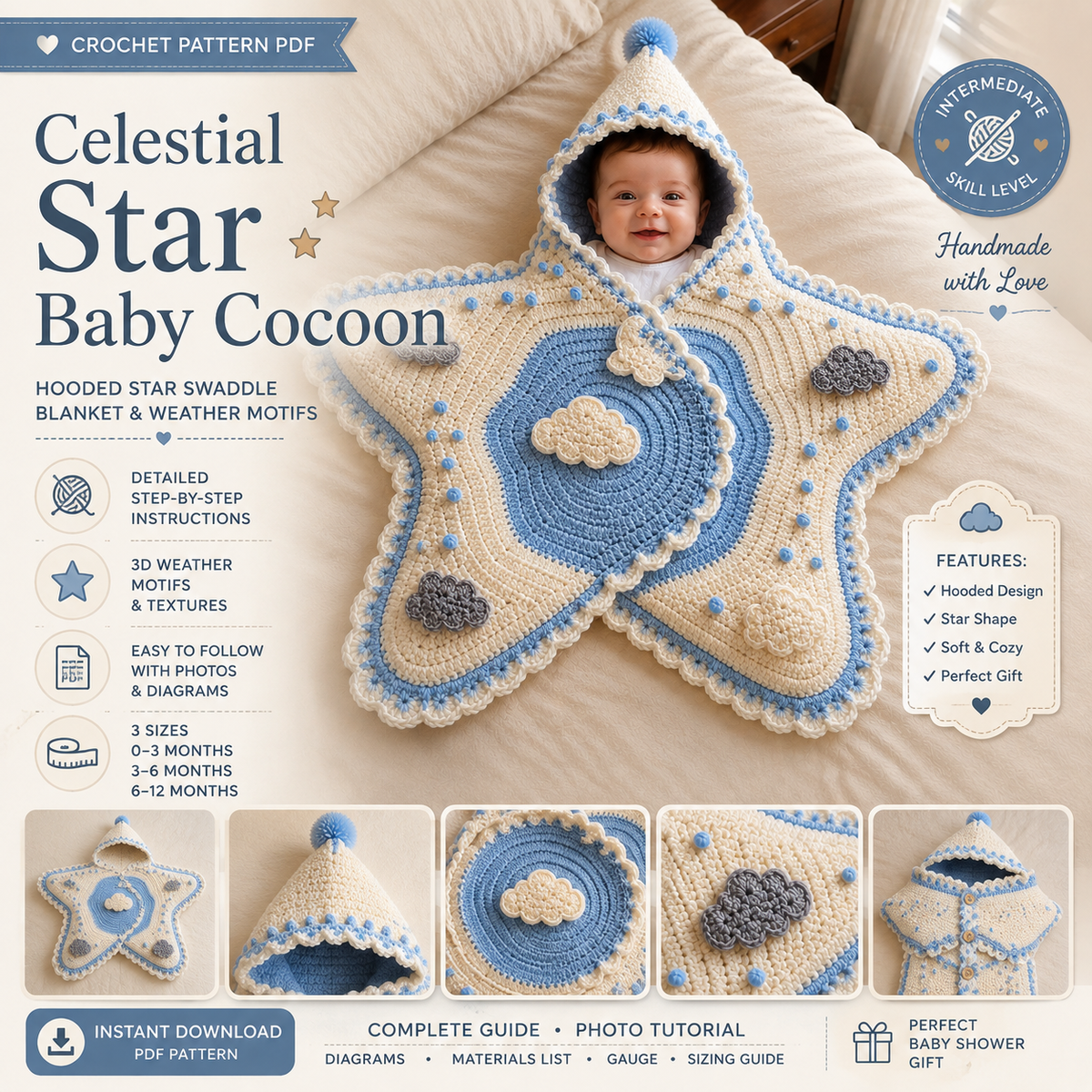 Star Baby Cocoon Crochet Pattern PDF | Hooded Star Baby Blanket | Newborn Crochet Pattern | Baby Shower Gift | Instant Download