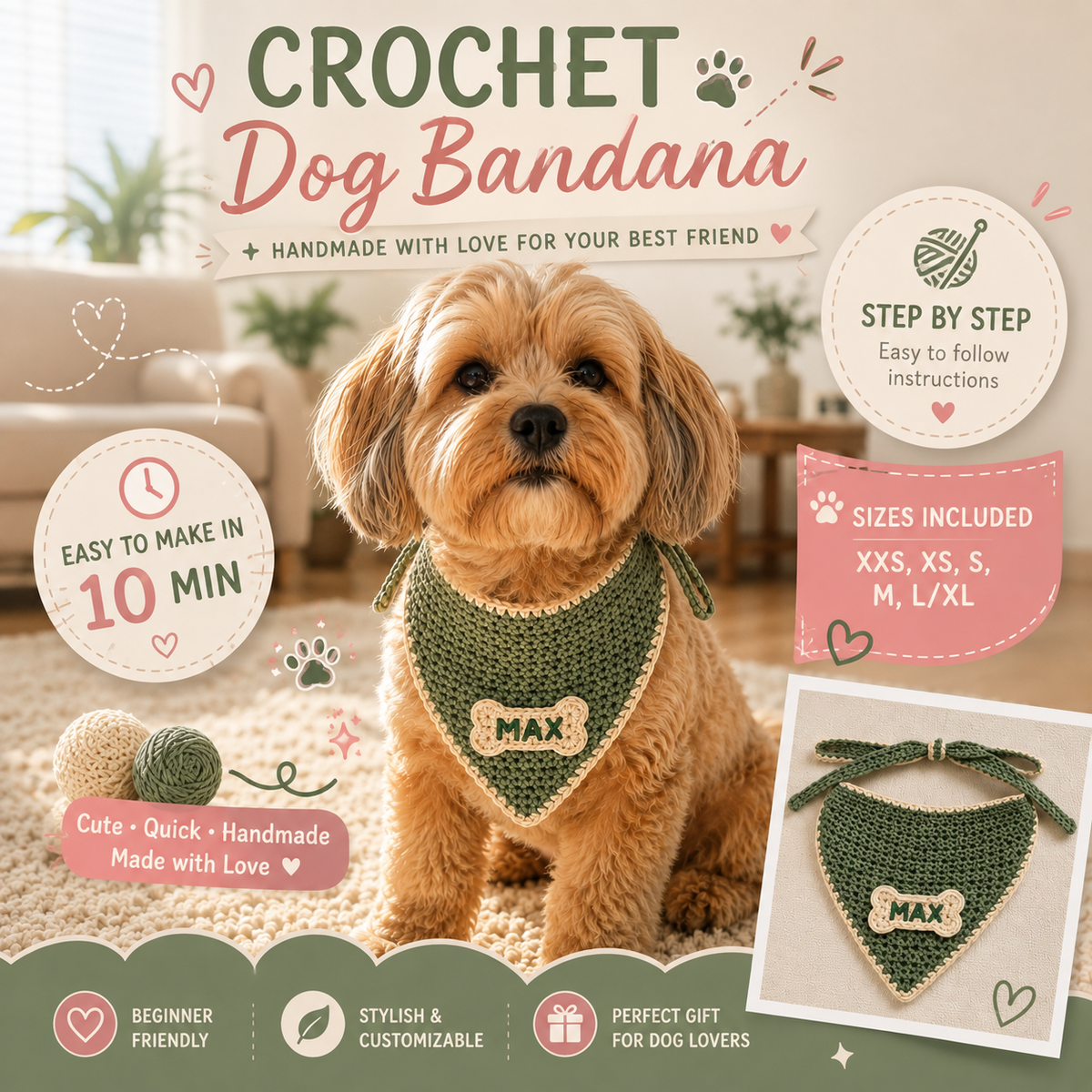 Crochet Dog Bandana Pattern PDF, Easy Pet Scarf Crochet Pattern, Dog Bandana DIY, Puppy Neckwear, Beginner Crochet Pattern, Instant Download