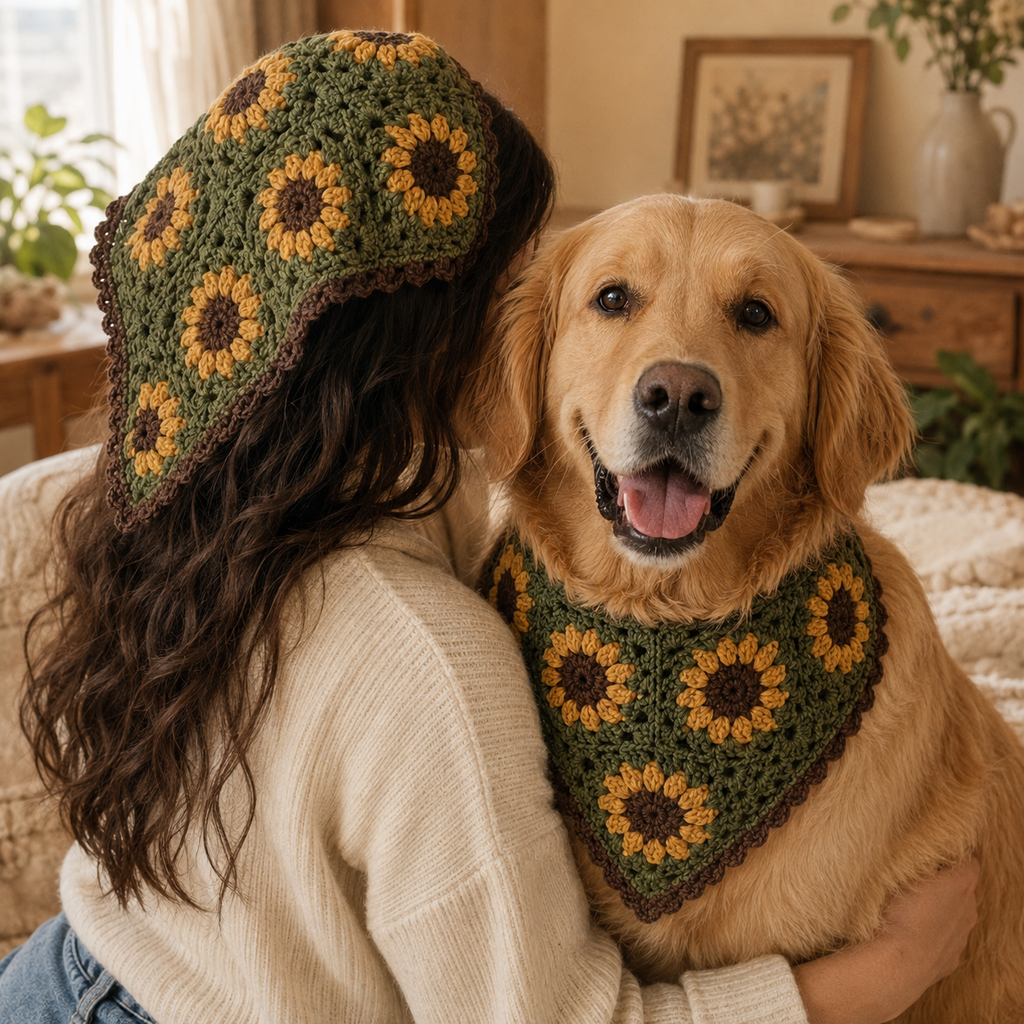 Crochet Dog Bandana Pattern, Sunflower Dog Bandana PDF, Pet Scarf Crochet Pattern, Puppy Bandana DIY, Dog Lover Gift, Instant Download