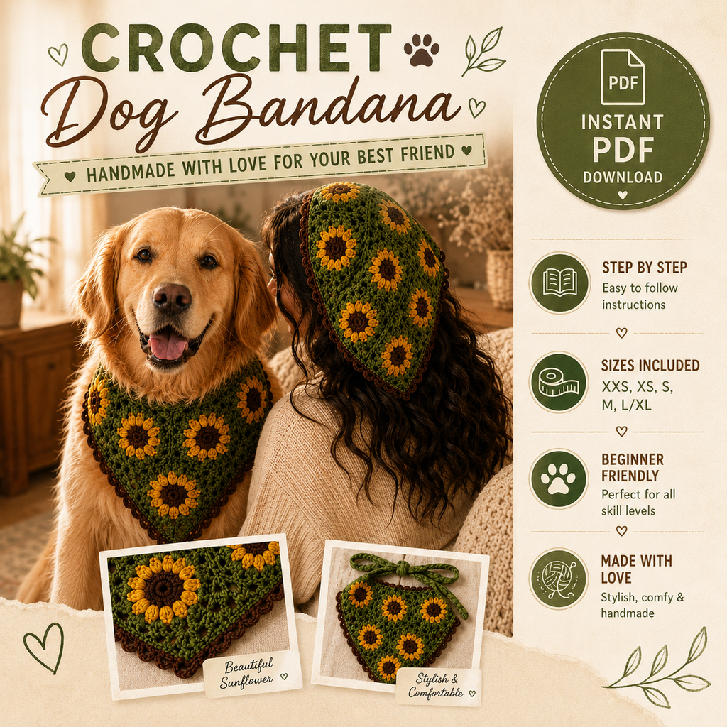 Crochet Dog Bandana Pattern, Sunflower Dog Bandana PDF, Pet Scarf Crochet Pattern, Puppy Bandana DIY, Dog Lover Gift, Instant Download