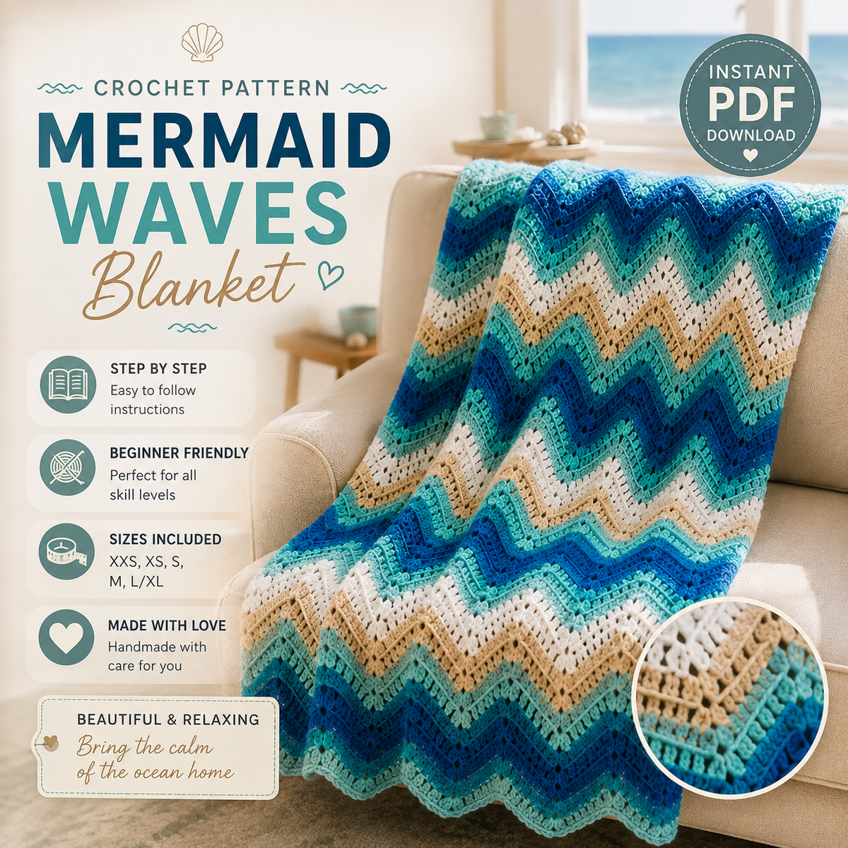 Mermaid Waves Crochet Blanket Pattern PDF | Ocean Wave Afghan Crochet Pattern