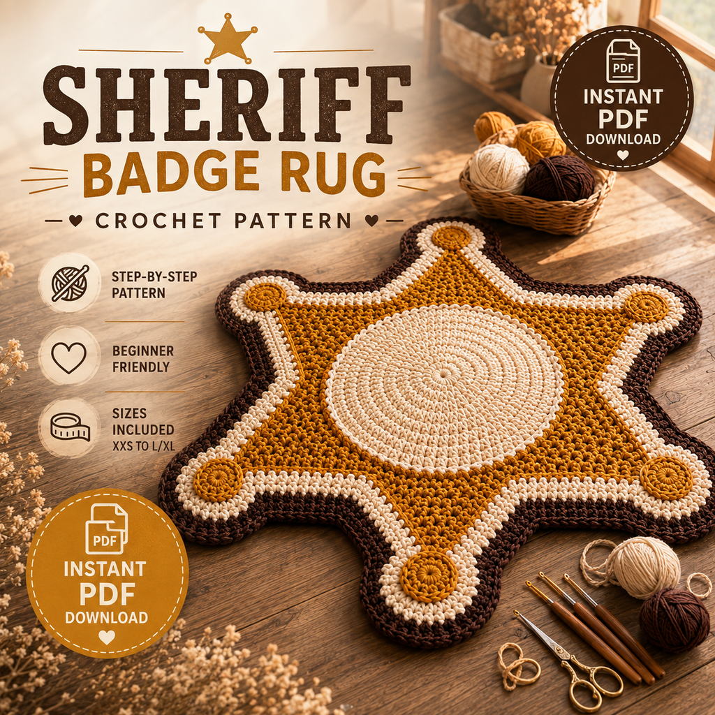 Sheriff Badge Crochet Rug Pattern PDF | Western Cowboy Star Rug Crochet Pattern | Instant Digital Download