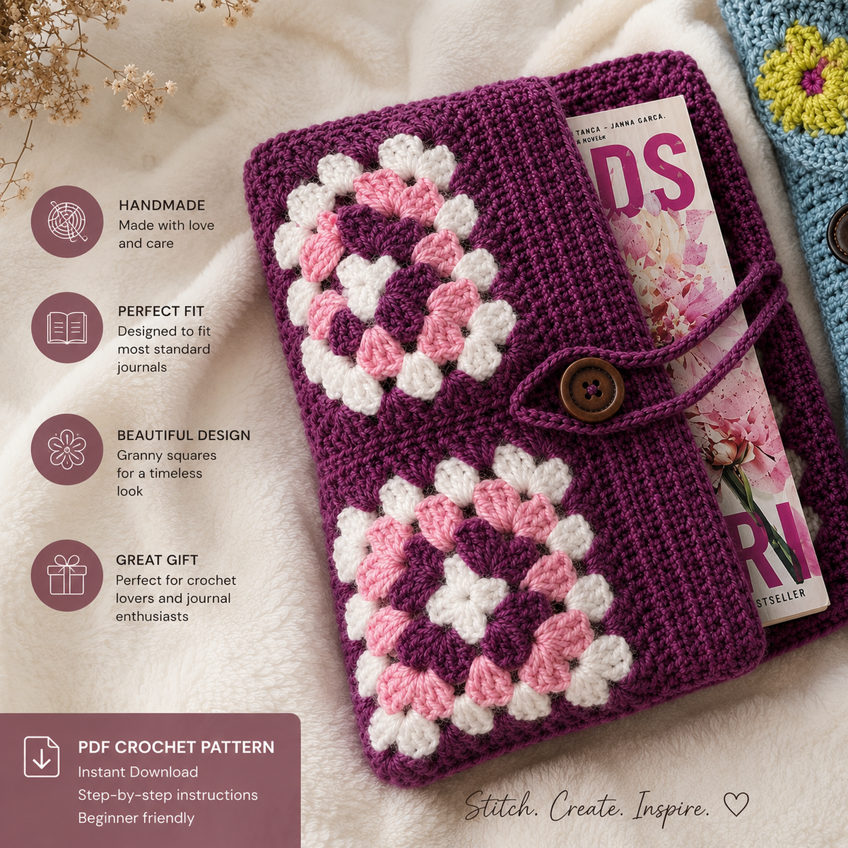 Crochet Journal Cover Pattern, Floral Granny Square Journal Cozy PDF, Crochet Notebook Cover, Book Sleeve Pattern, DIY Gift, Instant Download