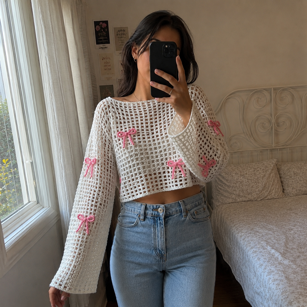 Bow Crochet Top Pattern, Lattice Mesh Sweater PDF, Crochet Crop Top, Women Crochet Shirt, Bow Top Pattern, Summer Crochet Pattern