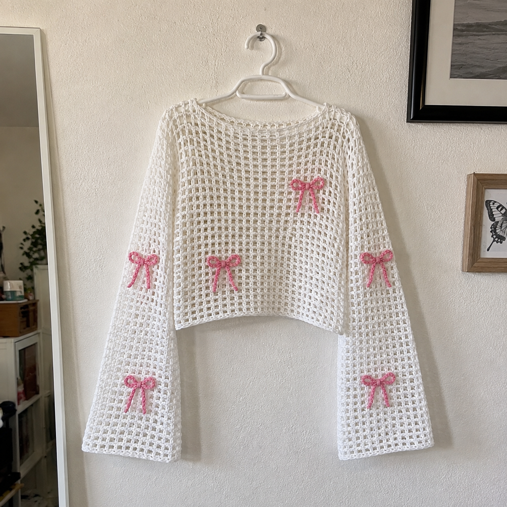 Bow Crochet Top Pattern, Lattice Mesh Sweater PDF, Crochet Crop Top, Women Crochet Shirt, Bow Top Pattern, Summer Crochet Pattern