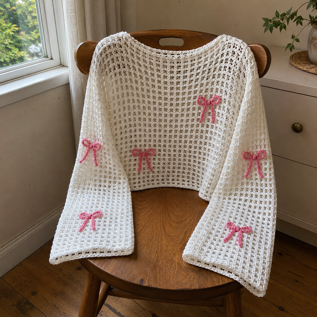 Bow Crochet Top Pattern, Lattice Mesh Sweater PDF, Crochet Crop Top, Women Crochet Shirt, Bow Top Pattern, Summer Crochet Pattern