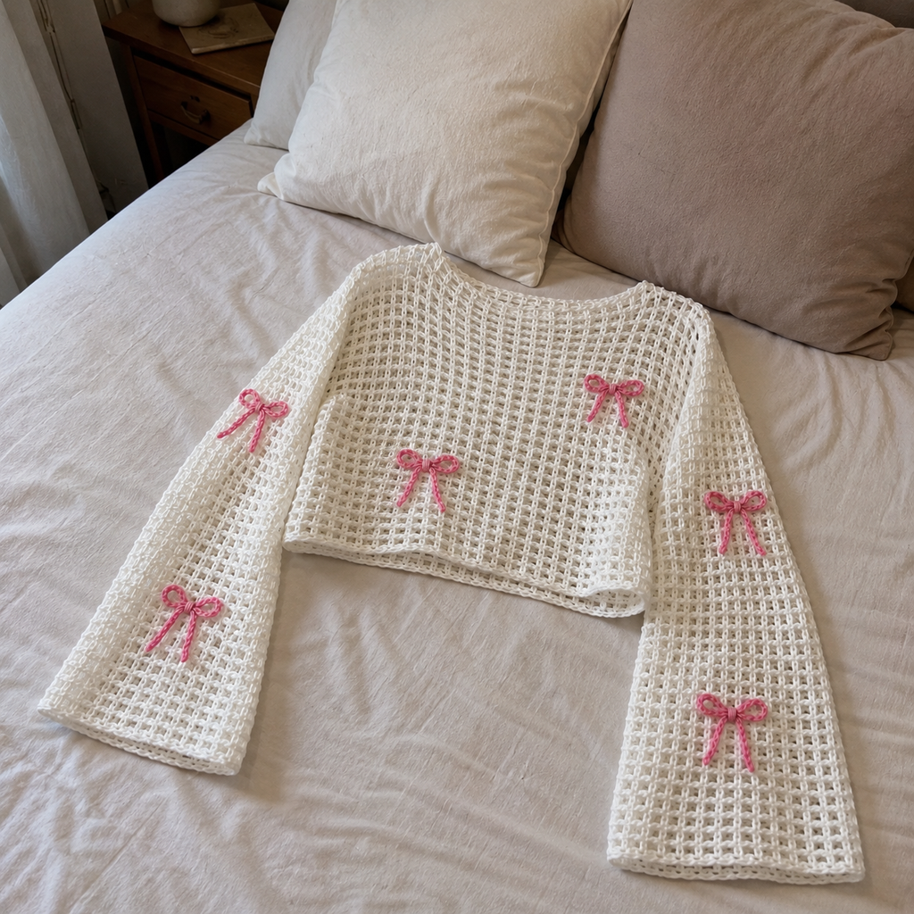 Bow Crochet Top Pattern, Lattice Mesh Sweater PDF, Crochet Crop Top, Women Crochet Shirt, Bow Top Pattern, Summer Crochet Pattern