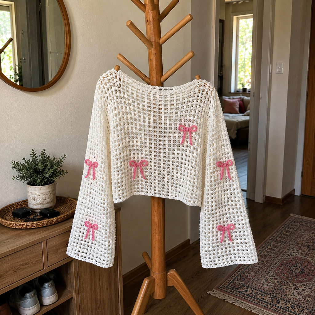 Bow Crochet Top Pattern, Lattice Mesh Sweater PDF, Crochet Crop Top, Women Crochet Shirt, Bow Top Pattern, Summer Crochet Pattern
