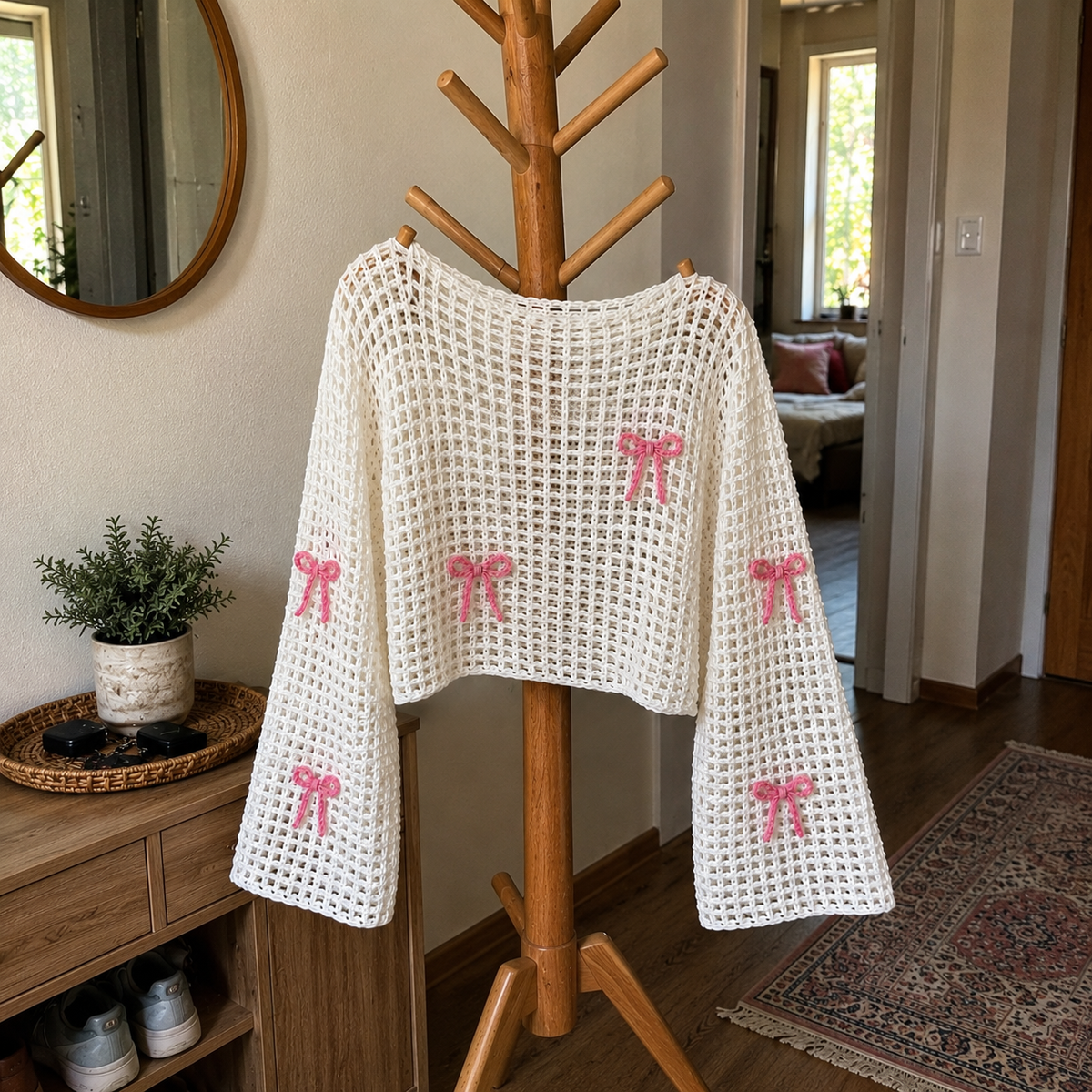 Bow Crochet Top Pattern, Lattice Mesh Sweater PDF, Crochet Crop Top, Women Crochet Shirt, Bow Top Pattern, Summer Crochet Pattern