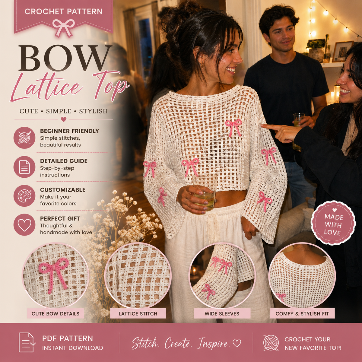 Bow Crochet Top Pattern, Lattice Mesh Sweater PDF, Crochet Crop Top, Women Crochet Shirt, Bow Top Pattern, Summer Crochet Pattern