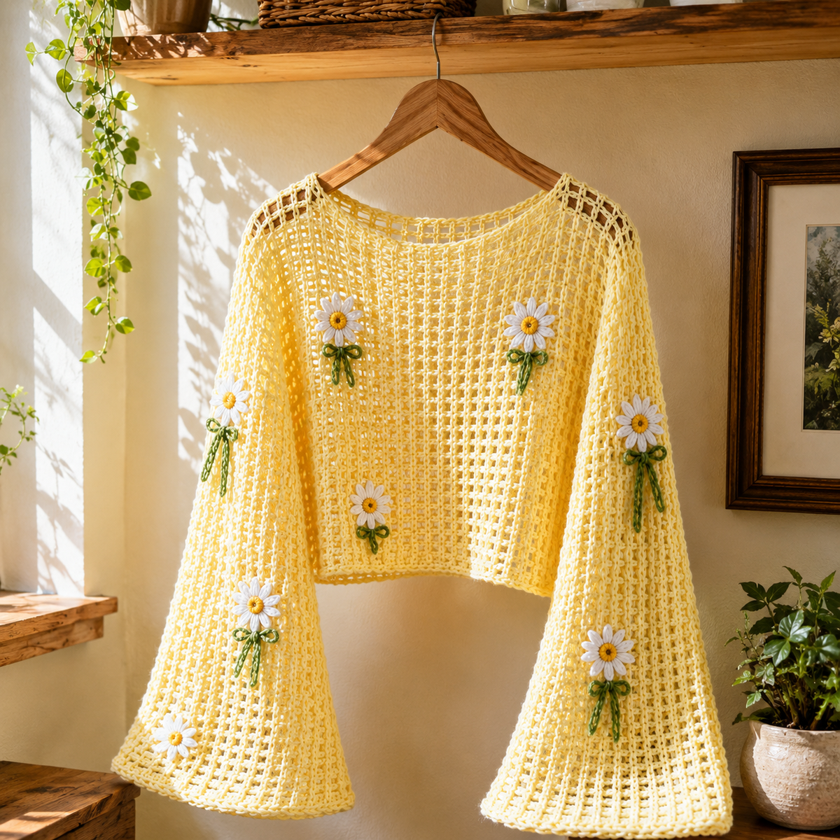 Daisy Crochet Top Pattern, Lattice Mesh Sweater PDF, Crochet Crop Top, Bell Sleeve Top, Floral Crochet Pattern, Women Crochet Clothing