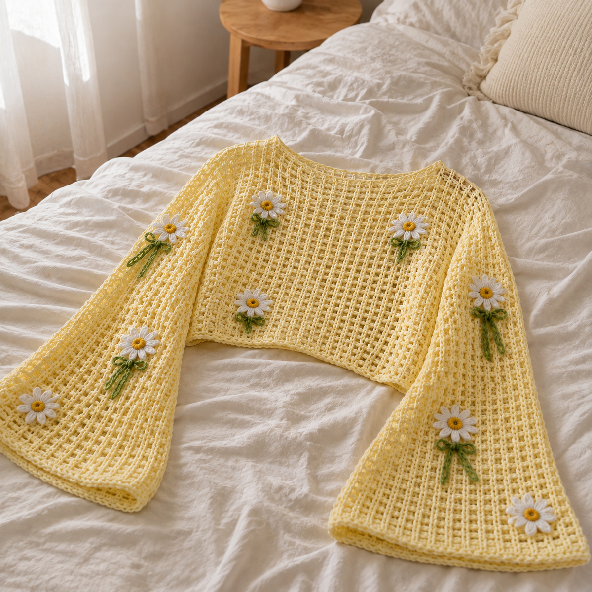 Daisy Crochet Top Pattern, Lattice Mesh Sweater PDF, Crochet Crop Top, Bell Sleeve Top, Floral Crochet Pattern, Women Crochet Clothing