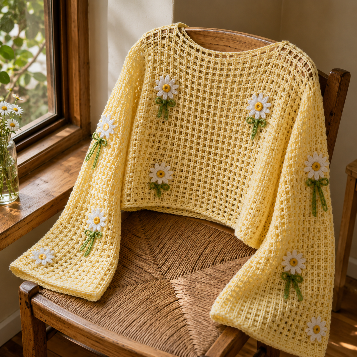 Daisy Crochet Top Pattern, Lattice Mesh Sweater PDF, Crochet Crop Top, Bell Sleeve Top, Floral Crochet Pattern, Women Crochet Clothing