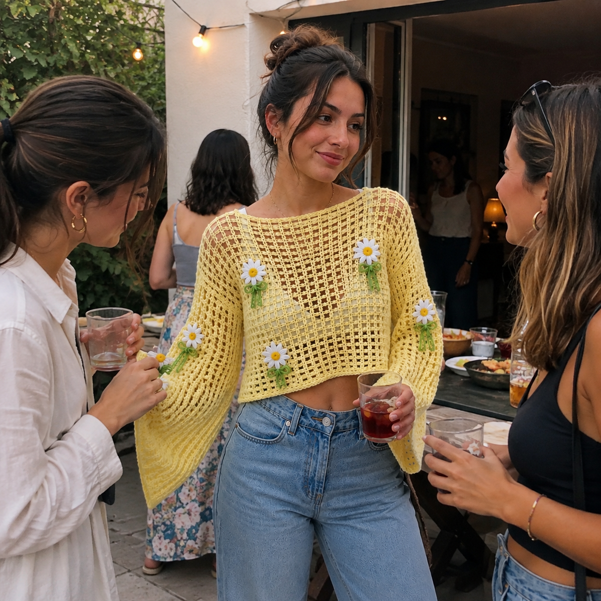 Daisy Crochet Top Pattern, Lattice Mesh Sweater PDF, Crochet Crop Top, Bell Sleeve Top, Floral Crochet Pattern, Women Crochet Clothing