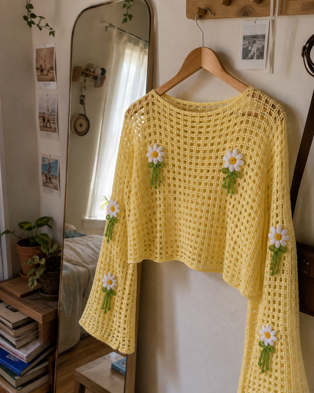 Daisy Crochet Top Pattern, Lattice Mesh Sweater PDF, Crochet Crop Top, Bell Sleeve Top, Floral Crochet Pattern, Women Crochet Clothing