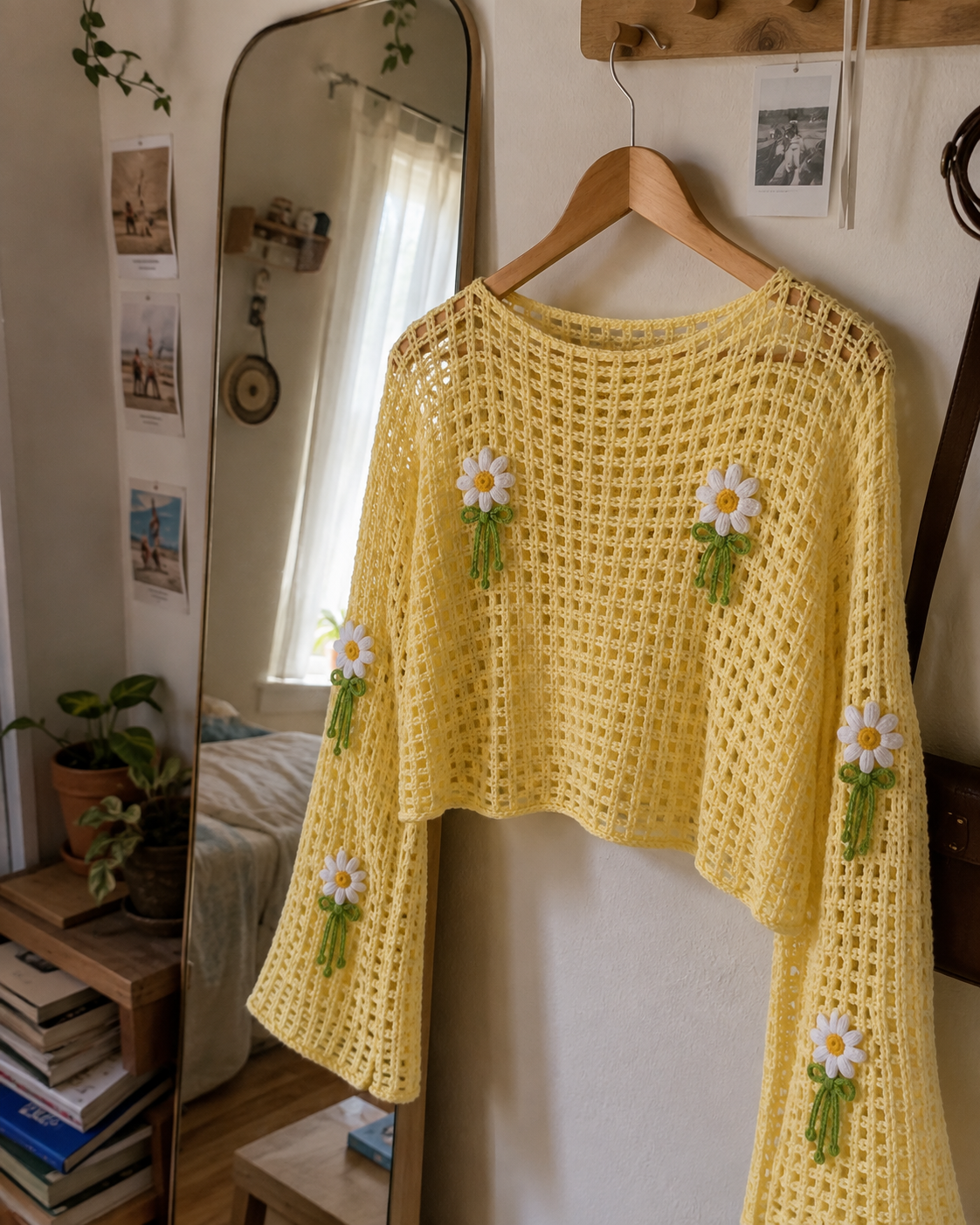 Daisy Crochet Top Pattern, Lattice Mesh Sweater PDF, Crochet Crop Top, Bell Sleeve Top, Floral Crochet Pattern, Women Crochet Clothing