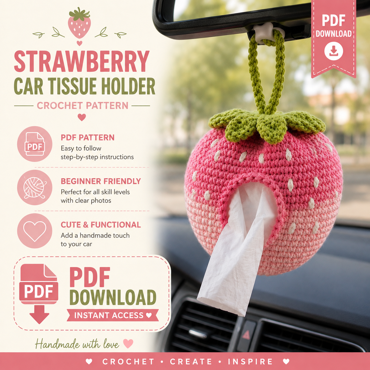 Strawberry Crochet Tissue Holder Pattern, Car Tissue Cover PDF, Crochet Car Accessory, Strawberry Tissue Box Cover, DIY Crochet Pattern