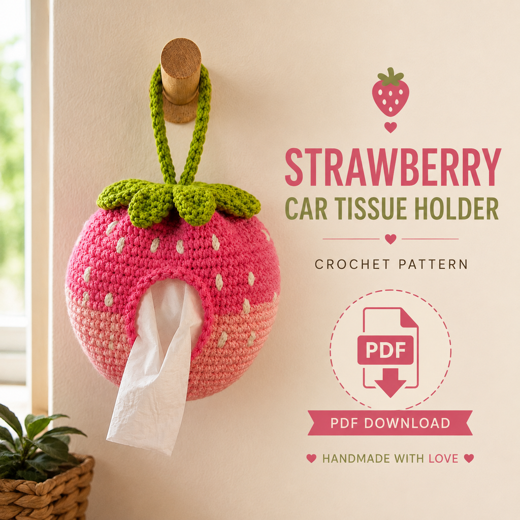 Strawberry Crochet Tissue Holder Pattern, Car Tissue Cover PDF, Crochet Car Accessory, Strawberry Tissue Box Cover, DIY Crochet Pattern