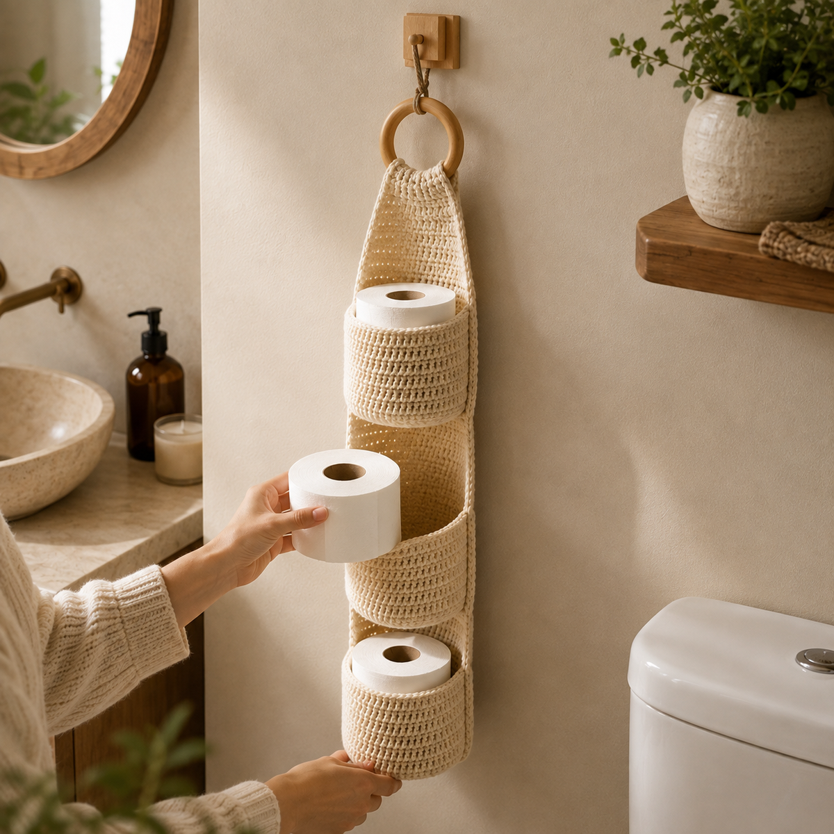 Crochet Hanging Toilet Paper Holder Pattern PDF | Bathroom Storage Crochet Pattern | Digital Download