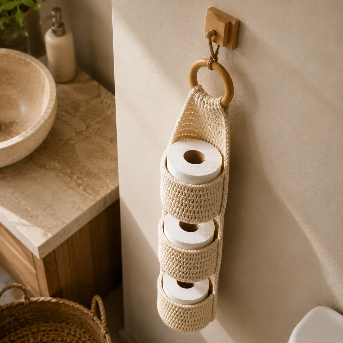 Crochet Hanging Toilet Paper Holder Pattern PDF | Bathroom Storage Crochet Pattern | Digital Download