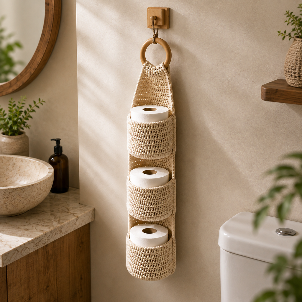 Crochet Hanging Toilet Paper Holder Pattern PDF | Bathroom Storage Crochet Pattern | Digital Download