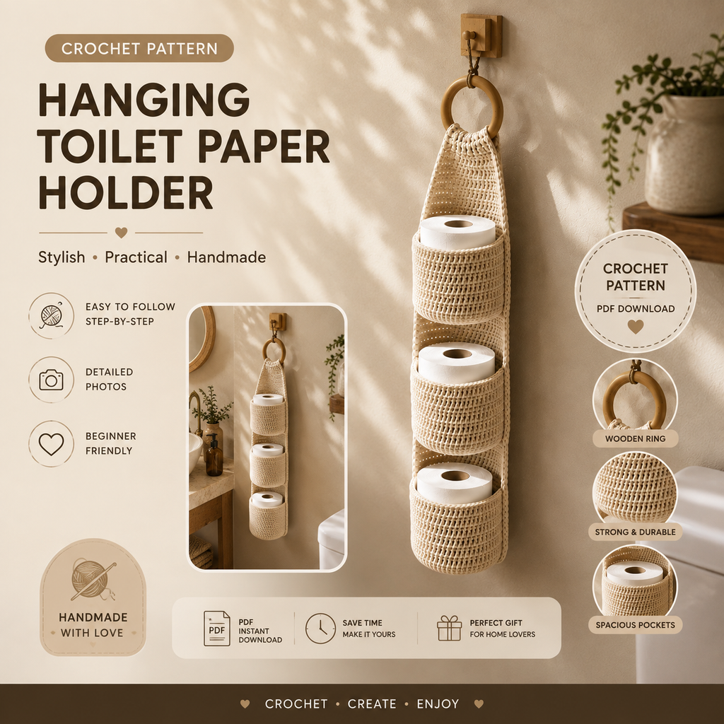 Crochet Hanging Toilet Paper Holder Pattern PDF | Bathroom Storage Crochet Pattern | Digital Download