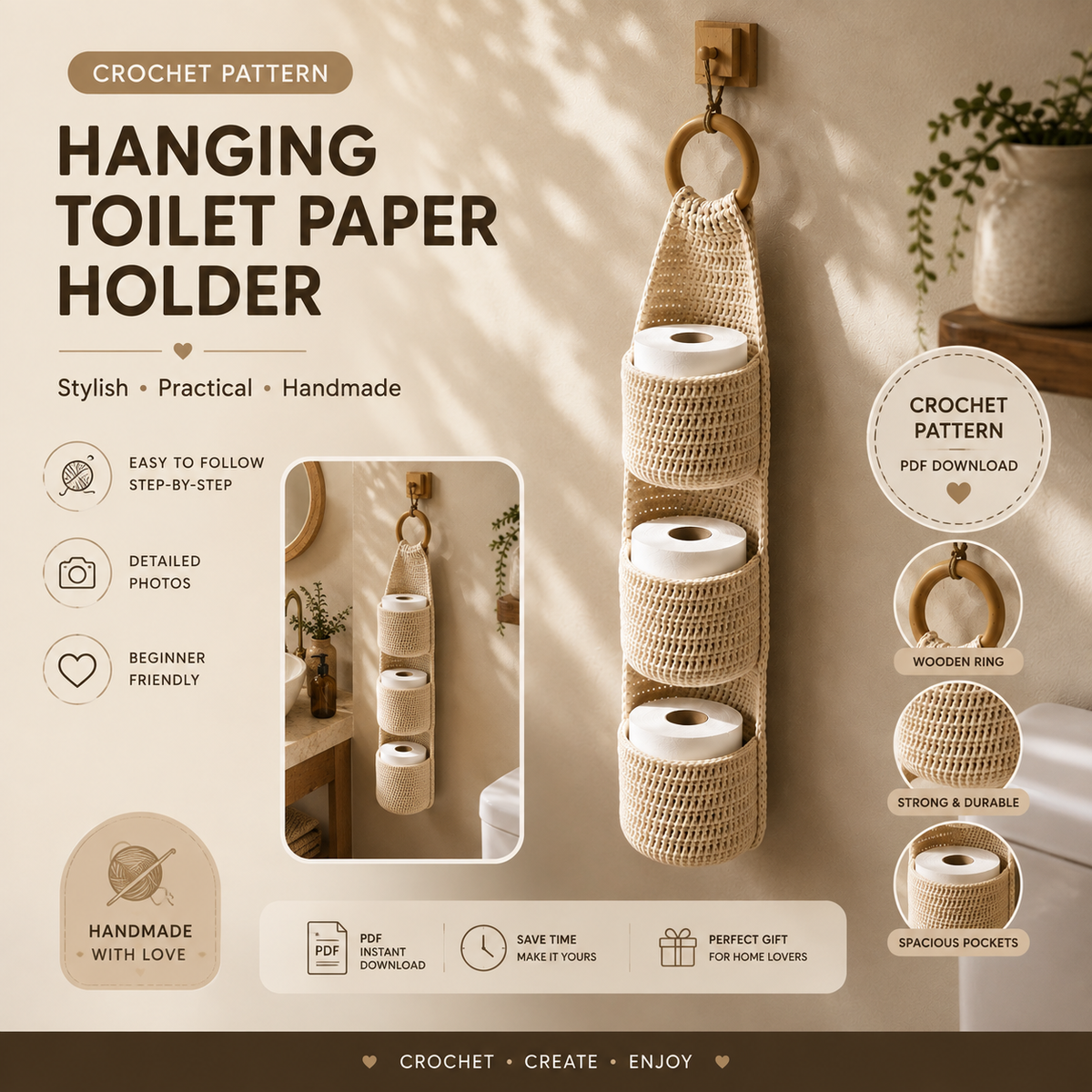 Crochet Hanging Toilet Paper Holder Pattern PDF | Bathroom Storage Crochet Pattern | Digital Download
