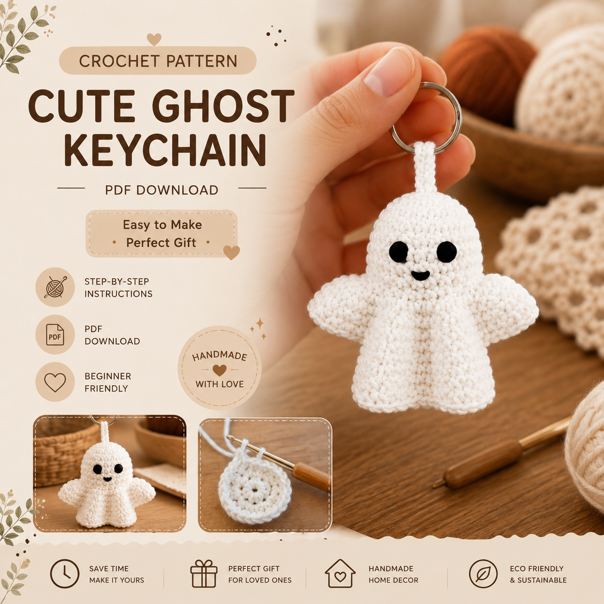 Ghost Crochet Keychain Pattern PDF | Cute Halloween Amigurumi Keyring | Easy Crochet Pattern | Instant Digital Download