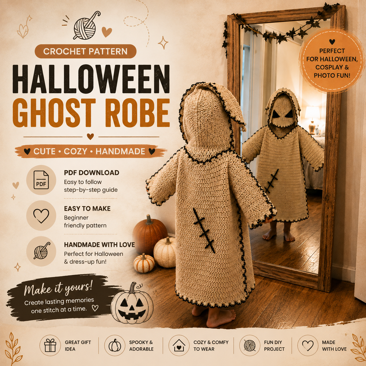 Halloween Ghost Robe Crochet Pattern PDF | Spooky Ghost Costume | DIY Halloween Crochet Pattern | Instant Digital Download