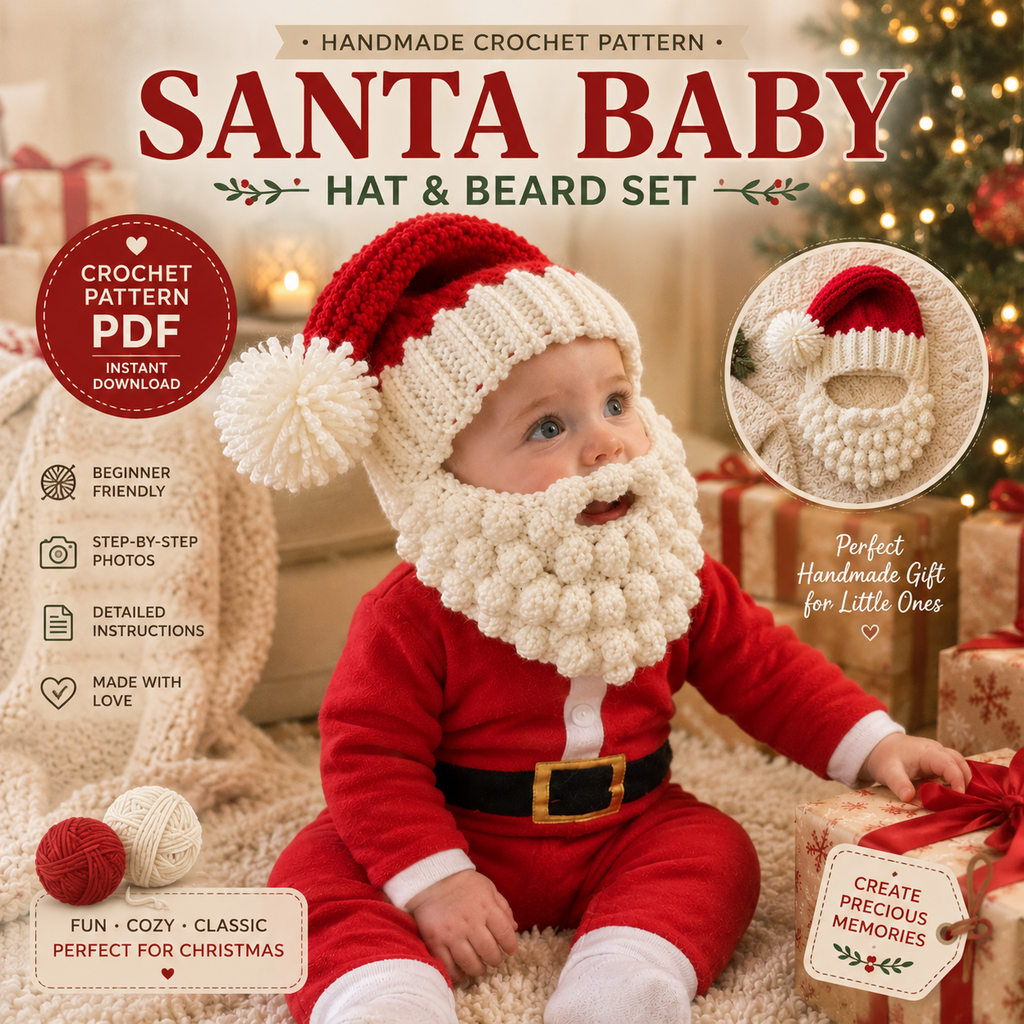 Santa Baby Crochet Pattern, Santa Hat and Beard Pattern, Baby Christmas Crochet Pattern, Santa Costume PDF, Christmas Photo Prop, Instant Download