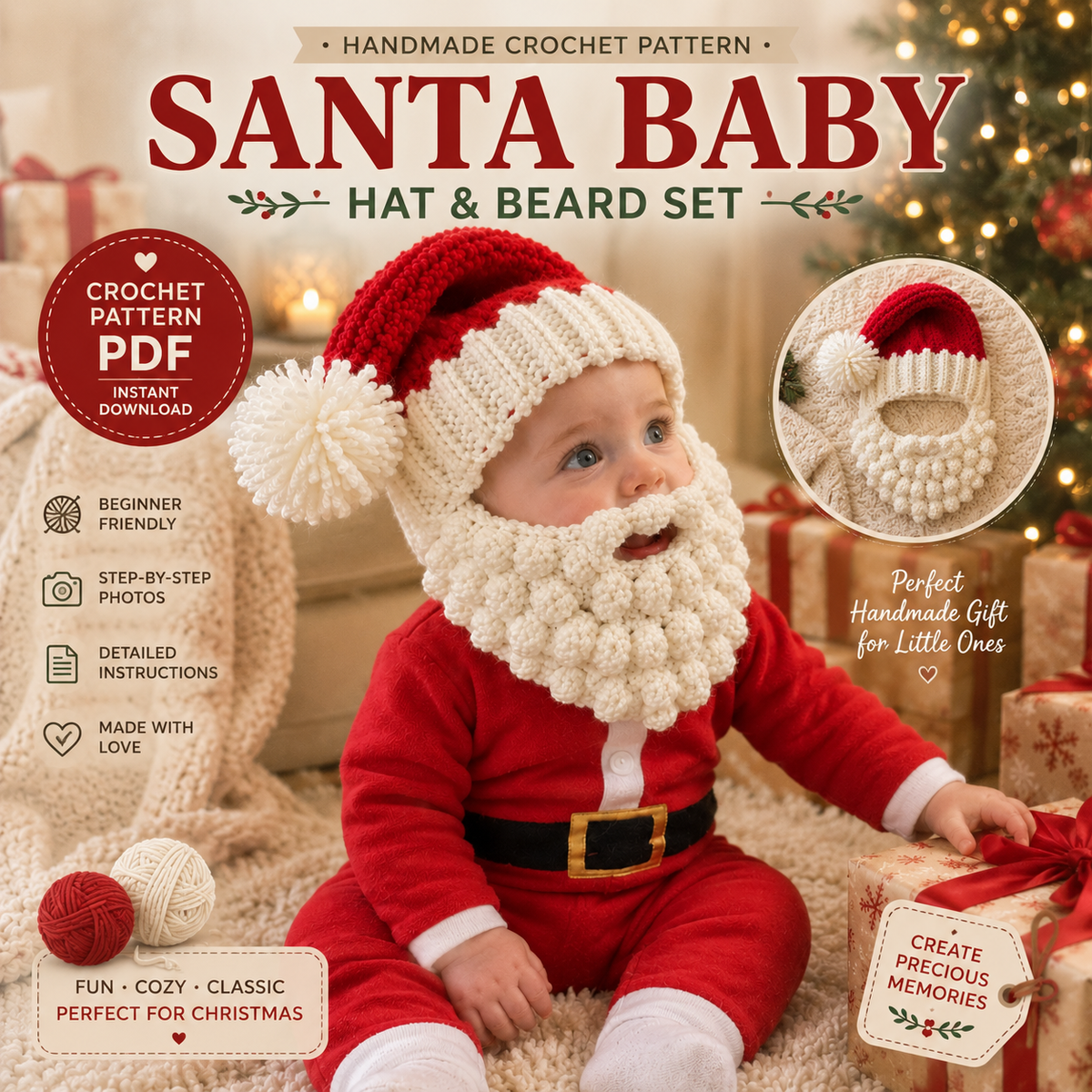 Santa Baby Crochet Pattern, Santa Hat and Beard Pattern, Baby Christmas Crochet Pattern, Santa Costume PDF, Christmas Photo Prop, Instant Download