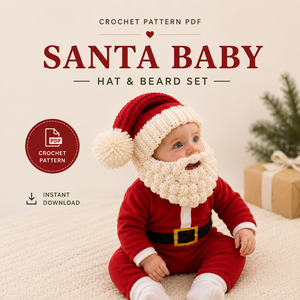 Santa Baby Crochet Pattern, Santa Hat and Beard Pattern, Baby Christmas Crochet Pattern, Santa Costume PDF, Christmas Photo Prop, Instant Download