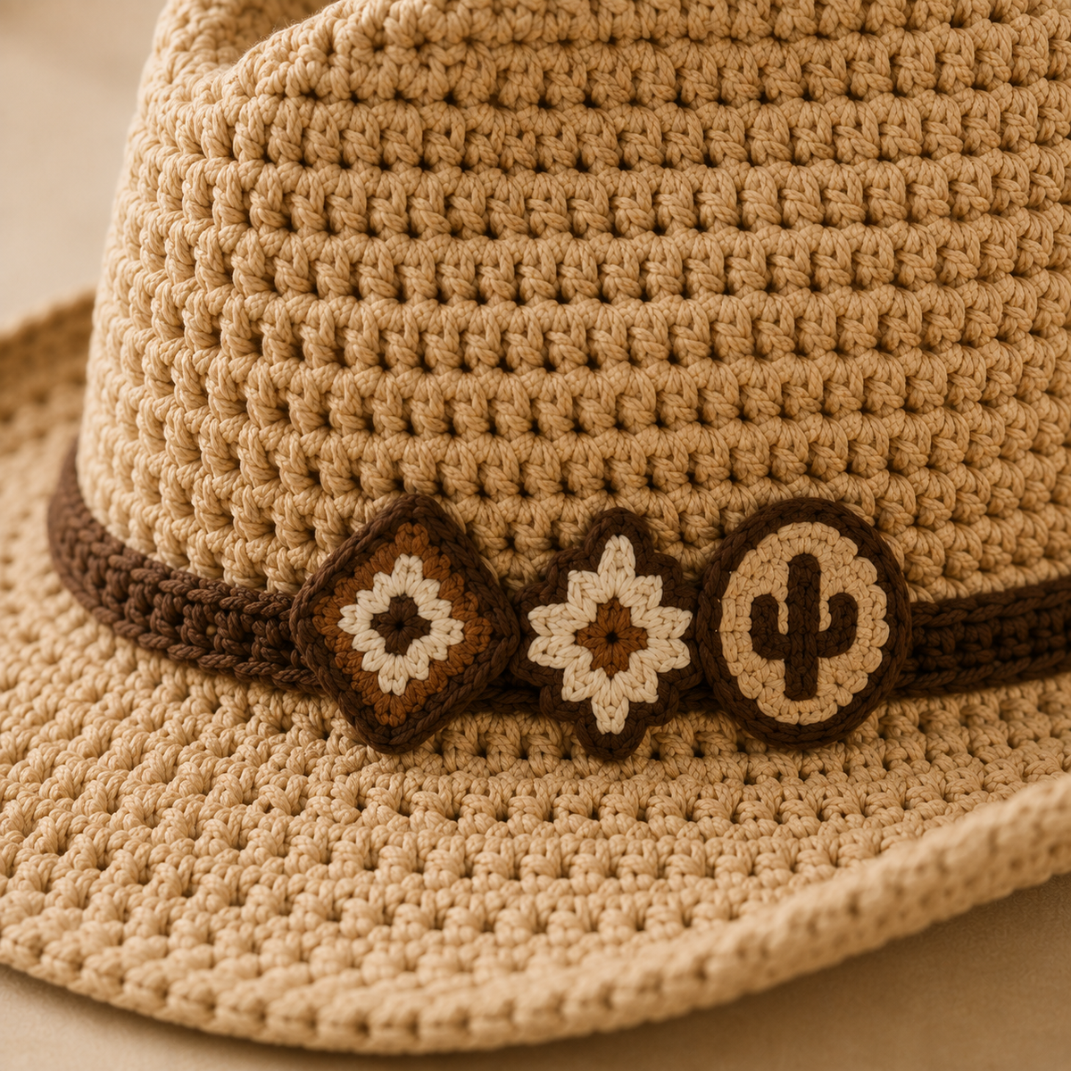 Handmade crochet cowboy hat close up