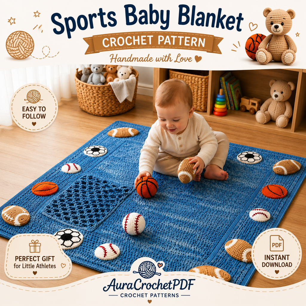 Sports Baby Blanket Crochet Pattern – Digital PDF | Football, Basketball & Baseball Baby Blanket