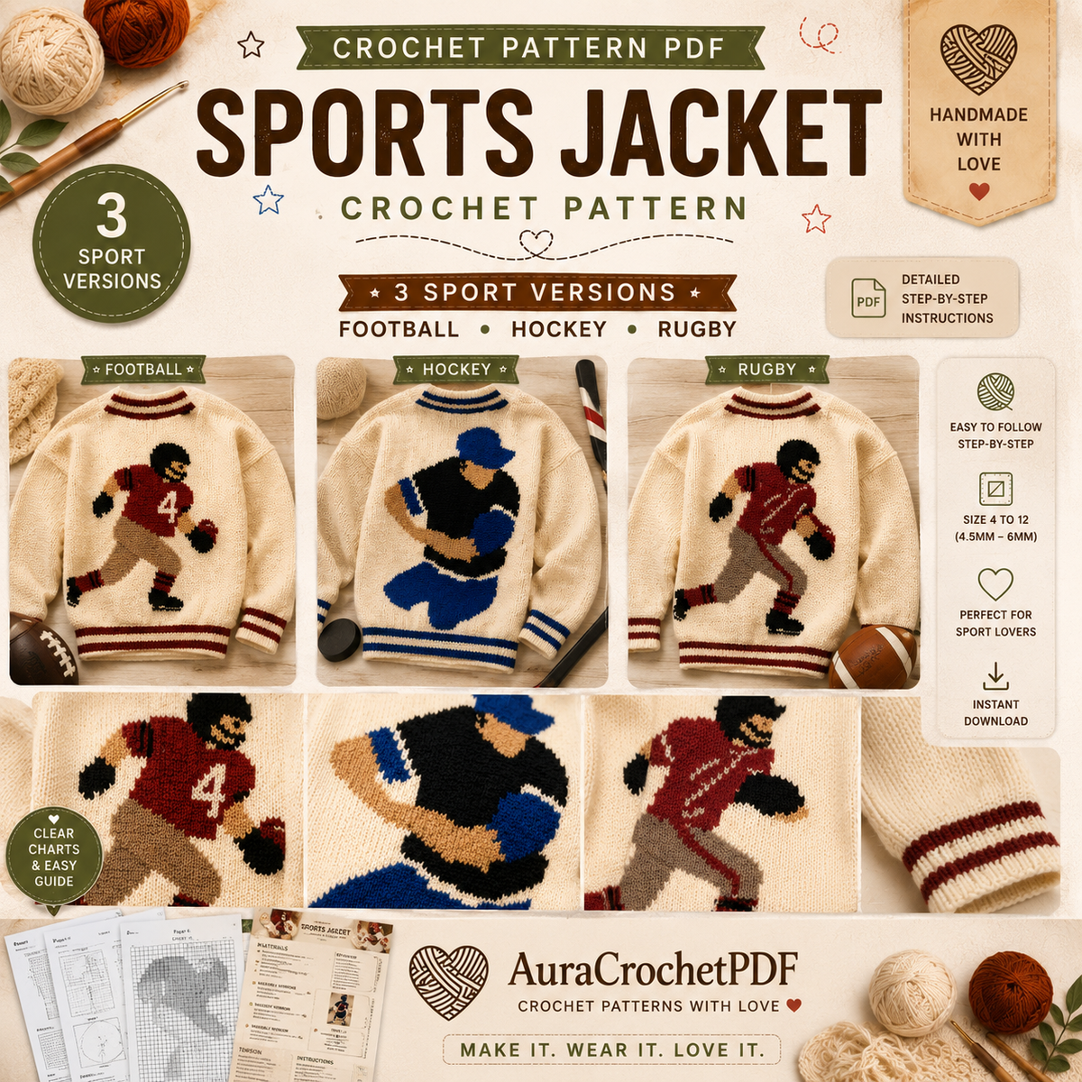 Sports Jacket Crochet Pattern PDF | Football Hockey Rugby Sweater Pattern | Digital Download