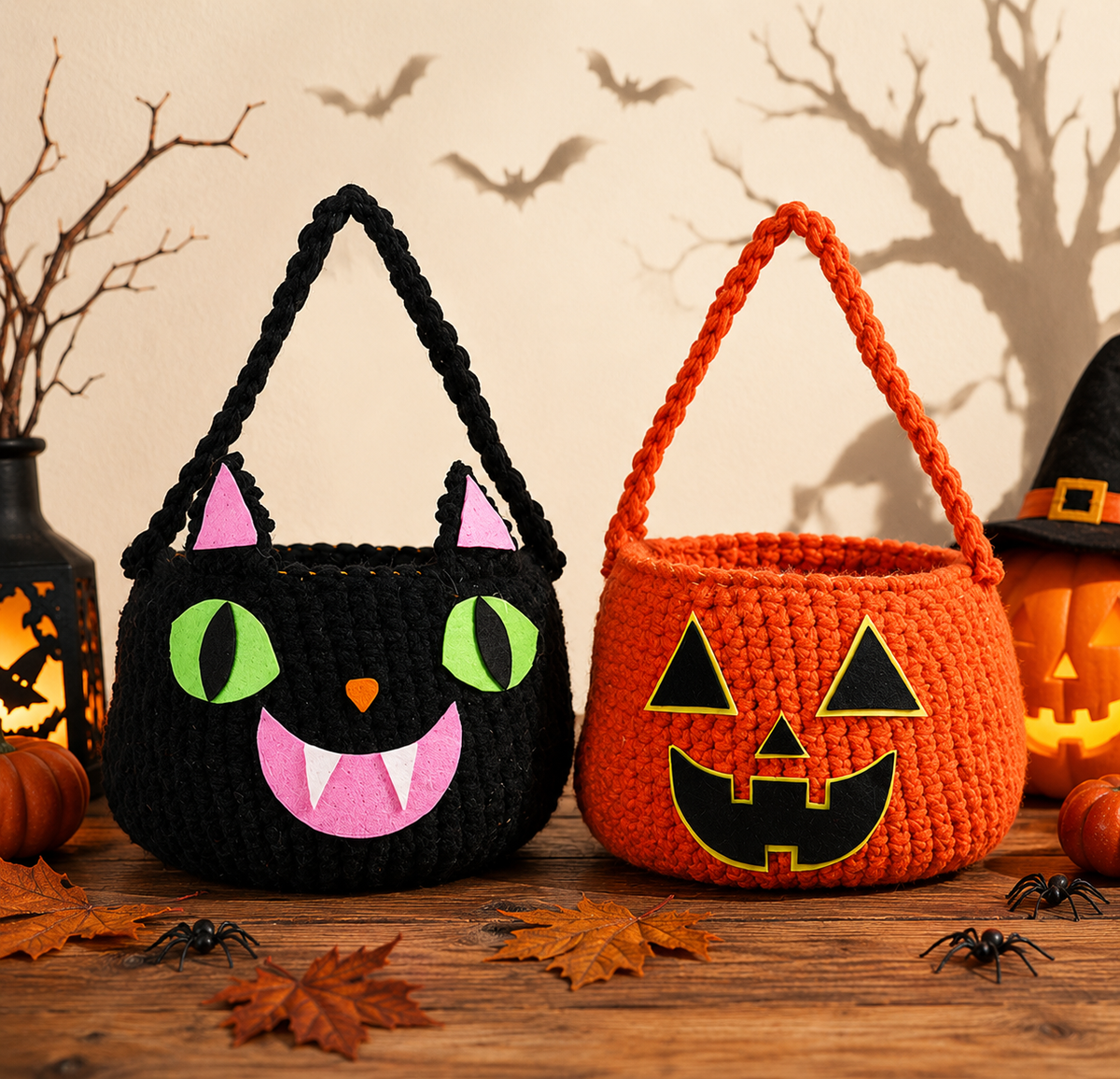 Halloween Crochet Basket Pattern PDF – Pumpkin & Black Cat Treat Baskets, Spooky Halloween Crochet Pattern