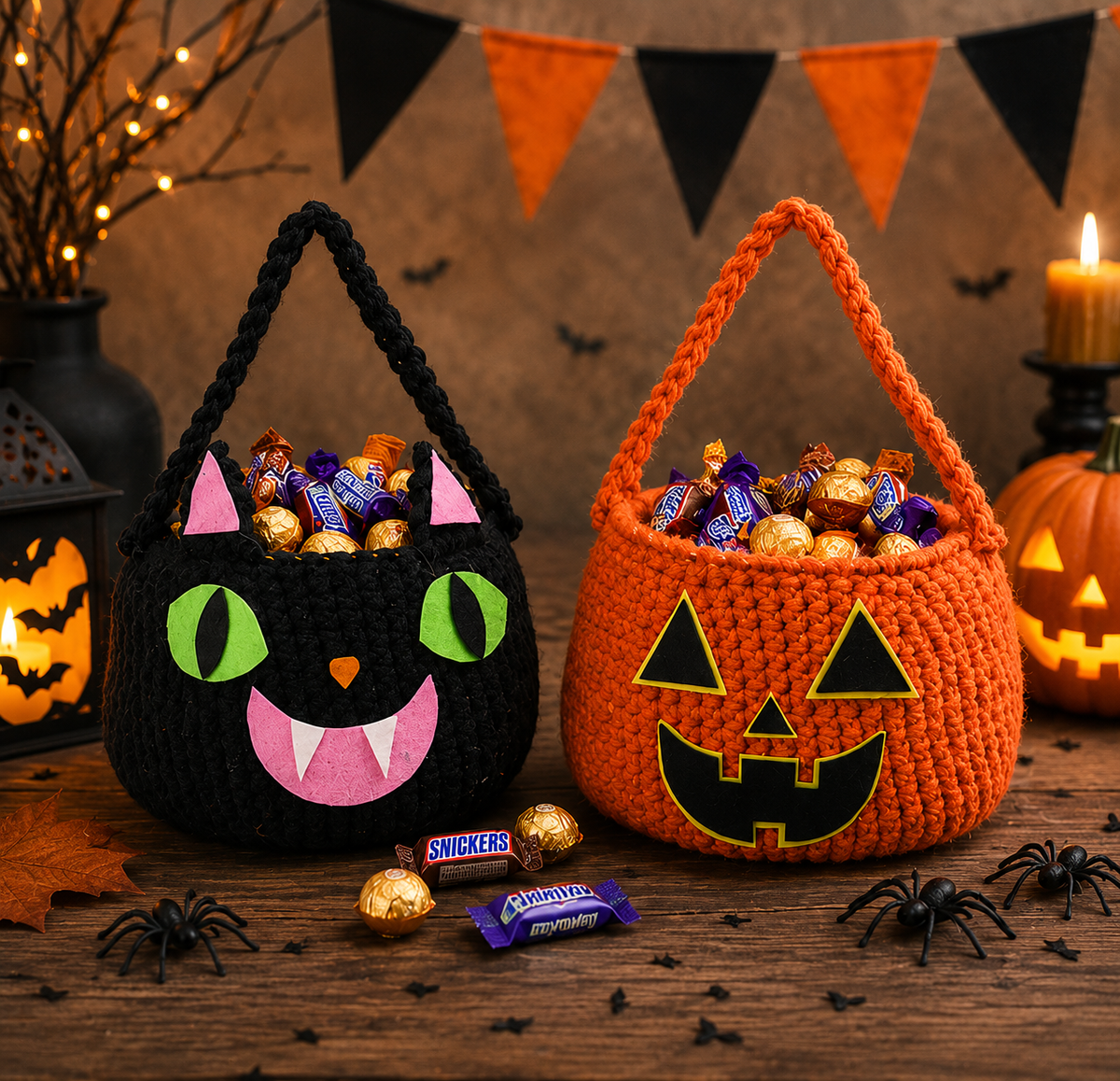 Halloween Crochet Basket Pattern PDF – Pumpkin & Black Cat Treat Baskets, Spooky Halloween Crochet Pattern