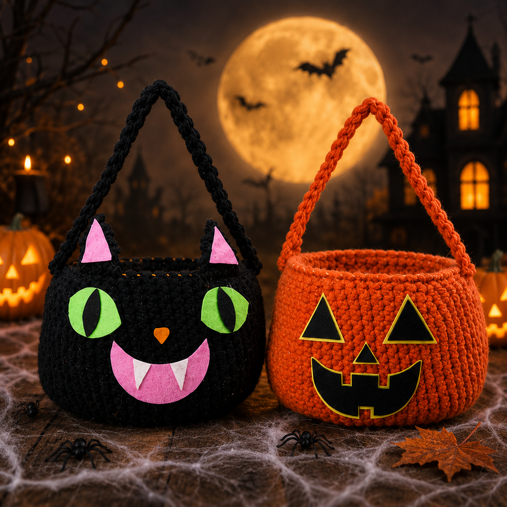 Halloween Crochet Basket Pattern PDF – Pumpkin & Black Cat Treat Baskets, Spooky Halloween Crochet Pattern