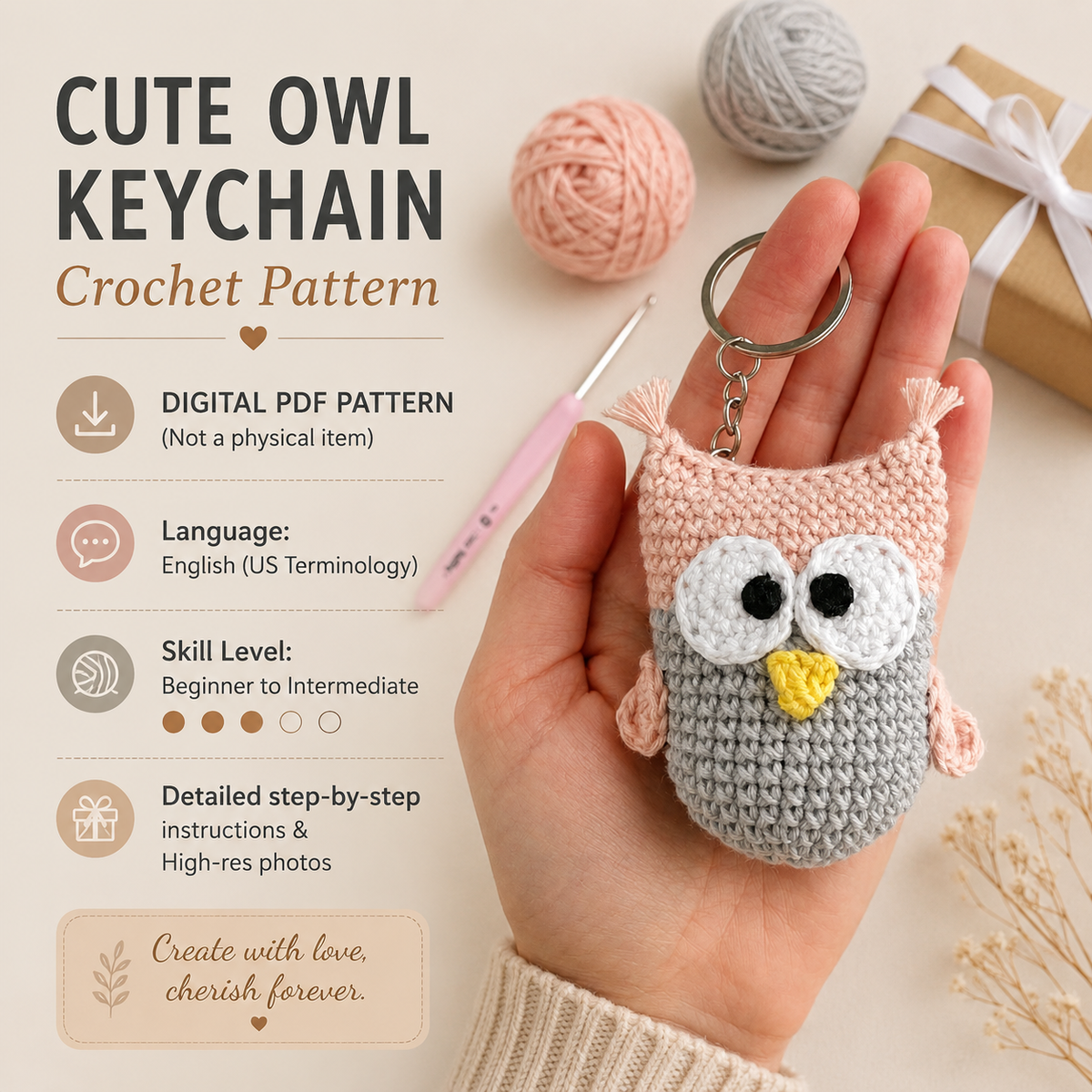 Owl Keychain Crochet Pattern PDF | Cute Crochet Keychain Pattern | Digital Download