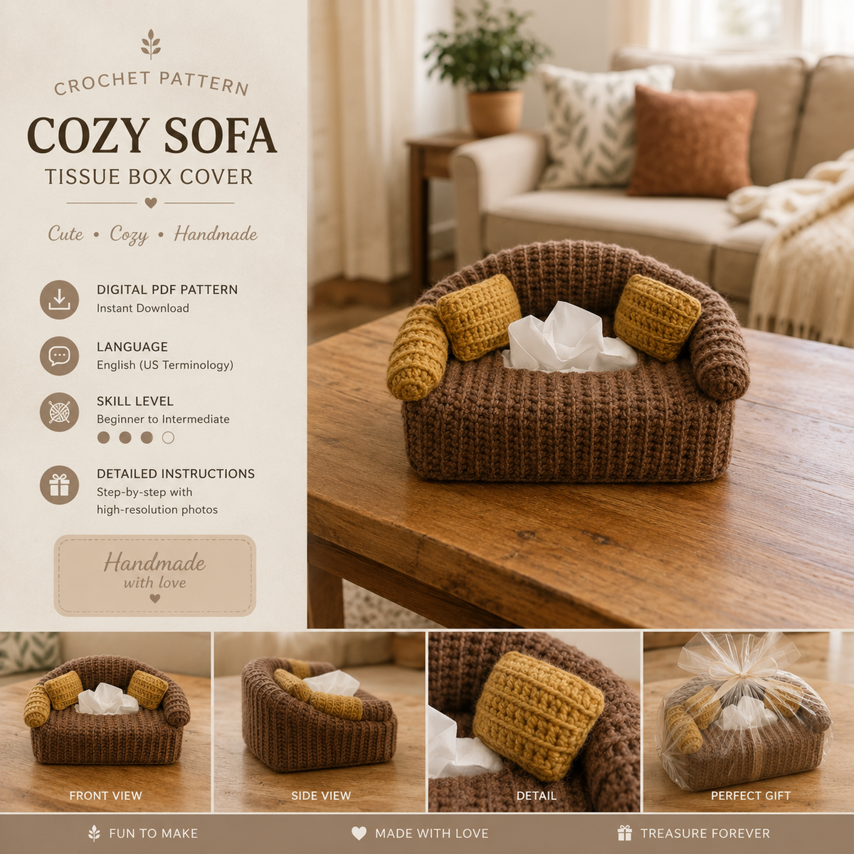 Crochet Tissue Box Cover Pattern, Sofa Tissue Holder Crochet Pattern, Cozy Couch Tissue Cover, Crochet Home Decor PDF, Instant Download