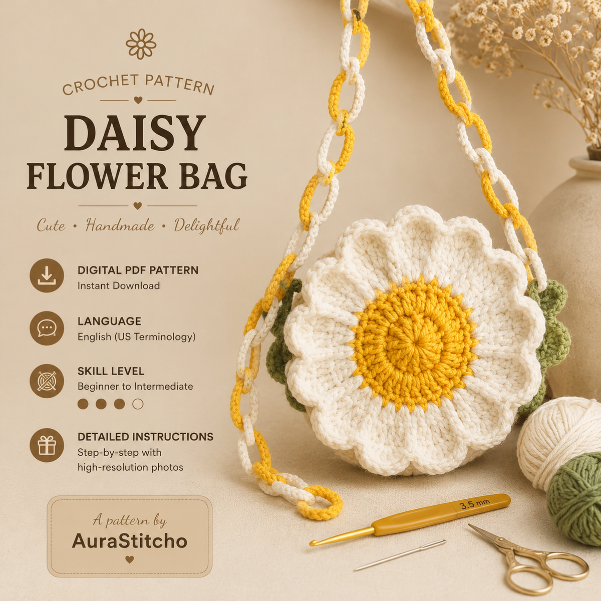 Daisy Flower Crochet Bag Pattern PDF | Crochet Flower Purse Pattern | Digital Download