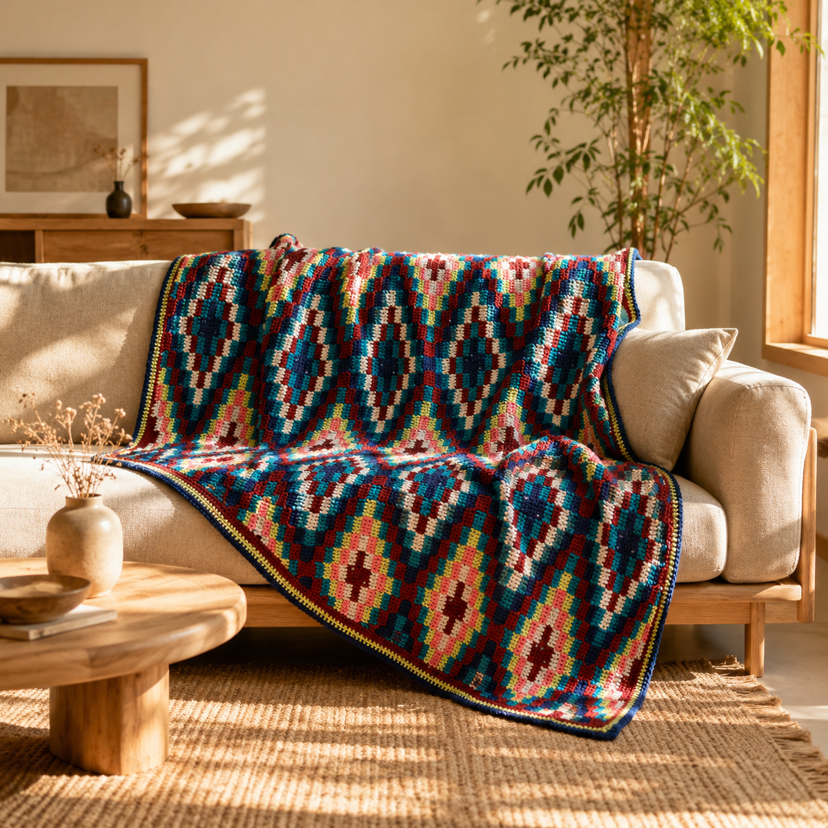 Geometric Diamond Crochet Blanket Pattern | Colorful Mosaic Blanket PDF