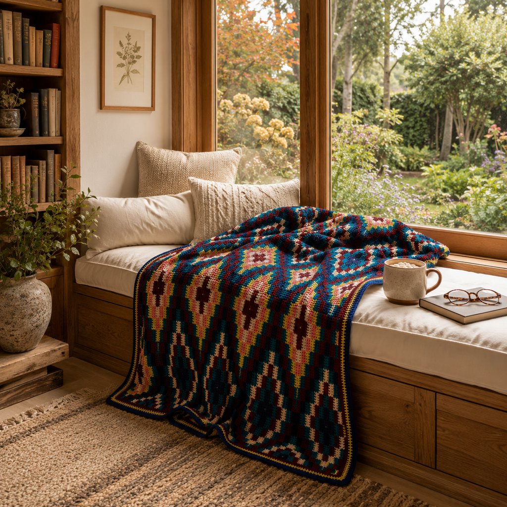 Geometric Diamond Crochet Blanket Pattern | Colorful Mosaic Blanket PDF