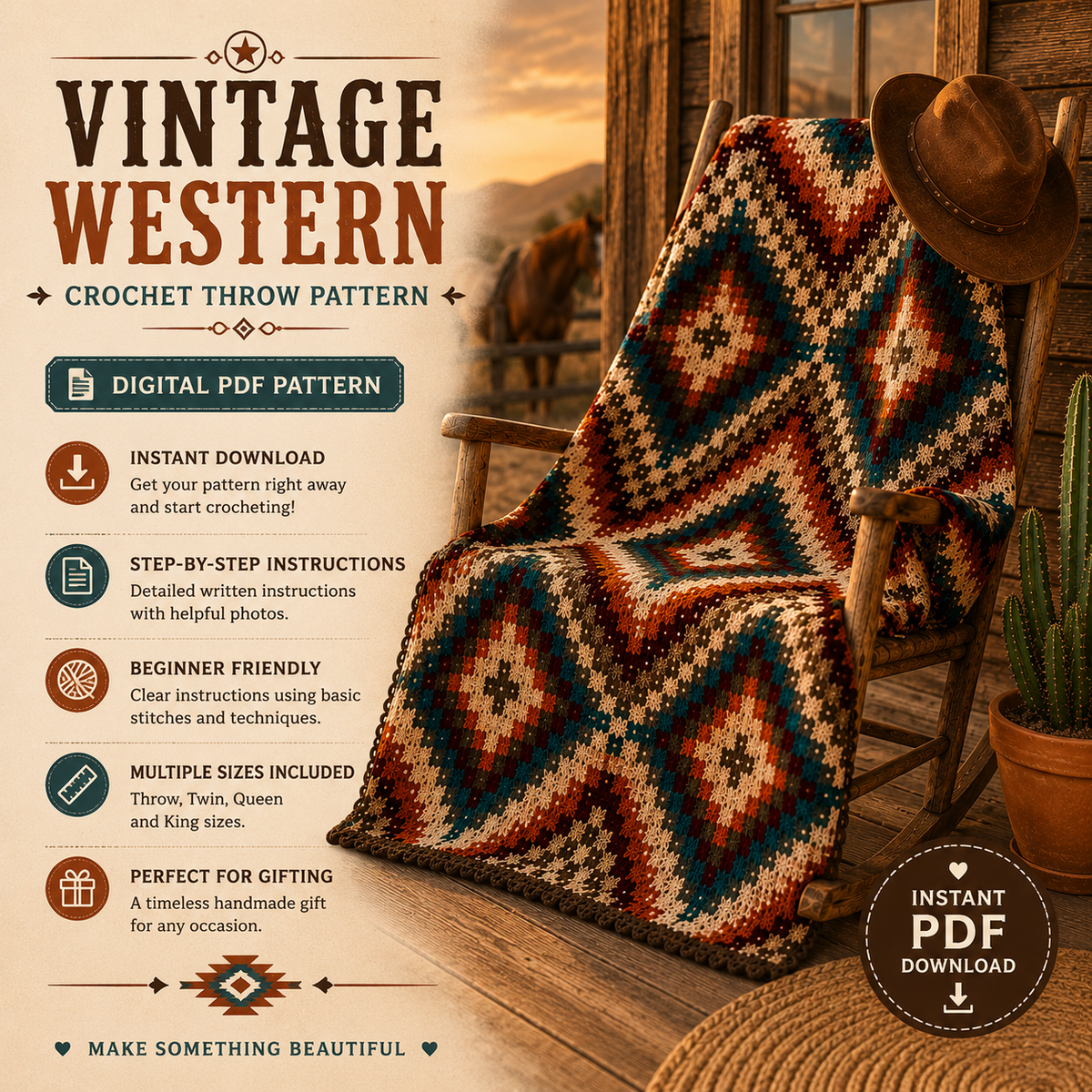 Vintage Western Crochet Blanket Pattern PDF, Southwestern Throw