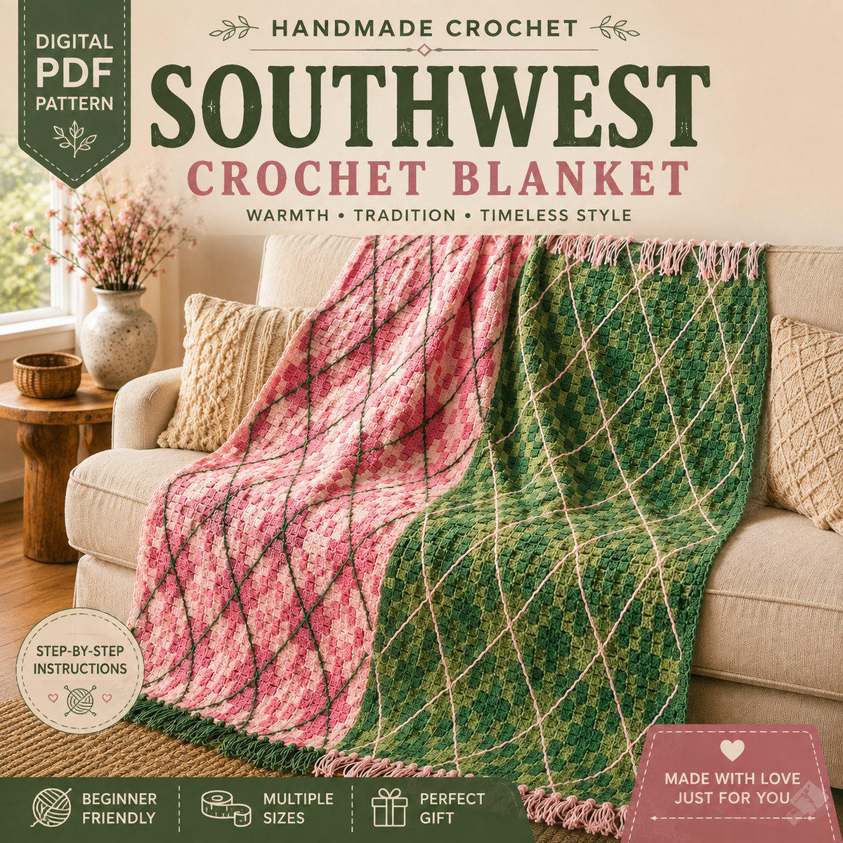 Southwest Crochet Blanket Pattern – Digital PDF, Western Blanket Crochet Pattern, Boho Afghan Pattern
